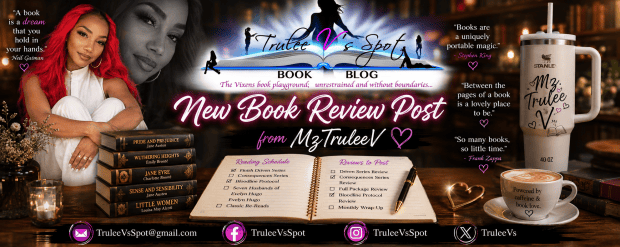 A promotional banner for a book blog featuring a woman with long red hair and a thoughtful expression, surrounded by books, a coffee cup, and a decorative notebook. The banner highlights a new book review post from MzTruleeV and includes various quotes about books and reading.