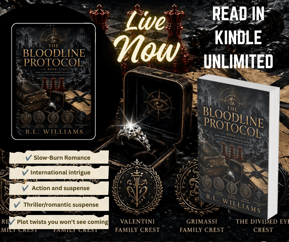 Book promotional image for 'The Bloodline Protocol' by R.L. Williams featuring the book cover, family crests, and highlights of the plot elements including romance, suspense, and intrigue.