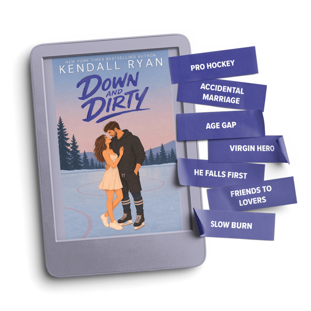 The cover of the book 'Down and Dirty' by Kendall Ryan featuring a couple embracing on an ice rink, surrounded by keywords such as 'Pro Hockey', 'Accidental Marriage', 'Age Gap', 'Virgin Hero', 'He Falls First', 'Friends to Lovers', and 'Slow Burn'.