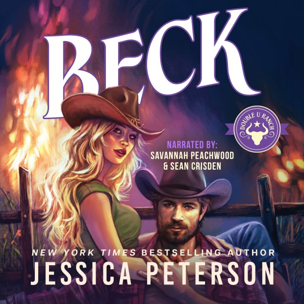 Cover art for the audiobook 'Beck' by Jessica Peterson, featuring two characters dressed in cowboy attire, standing in front of a rustic wooden fence with a warm, glowing background.