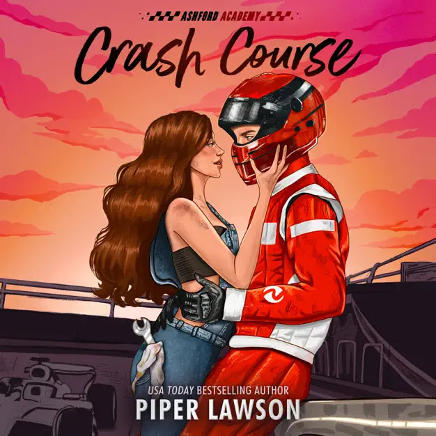Cover art for 'Crash Course' by Piper Lawson, featuring a woman in a black top and blue jeans embracing a man in a red racing suit and helmet, with a vibrant sunset in the background.