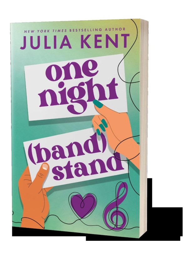 Cover of the book 'One Night (Band) Stand' by Julia Kent, featuring colorful graphics and a pair of hands holding signs with the book title.