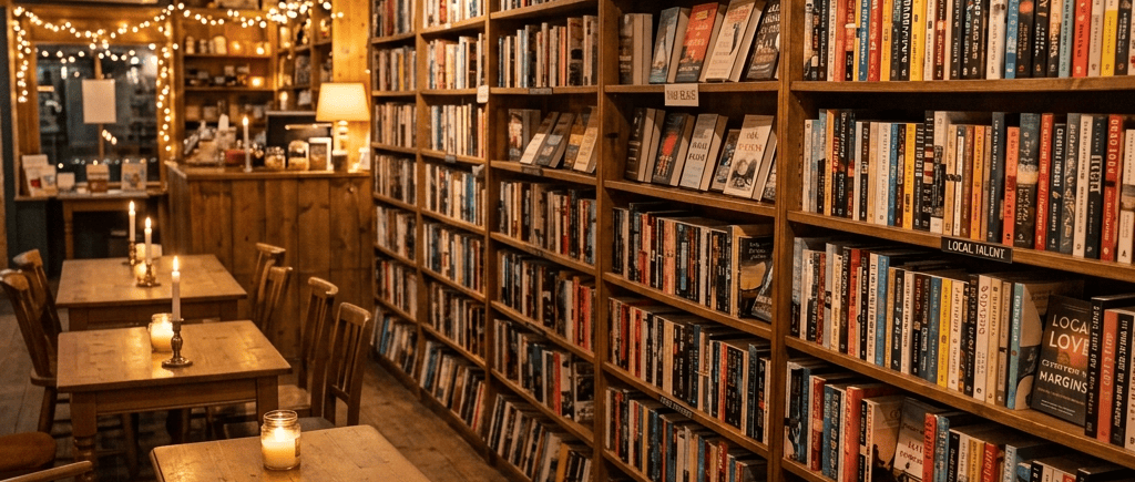People reading and browsing books in a cozy bookstore café