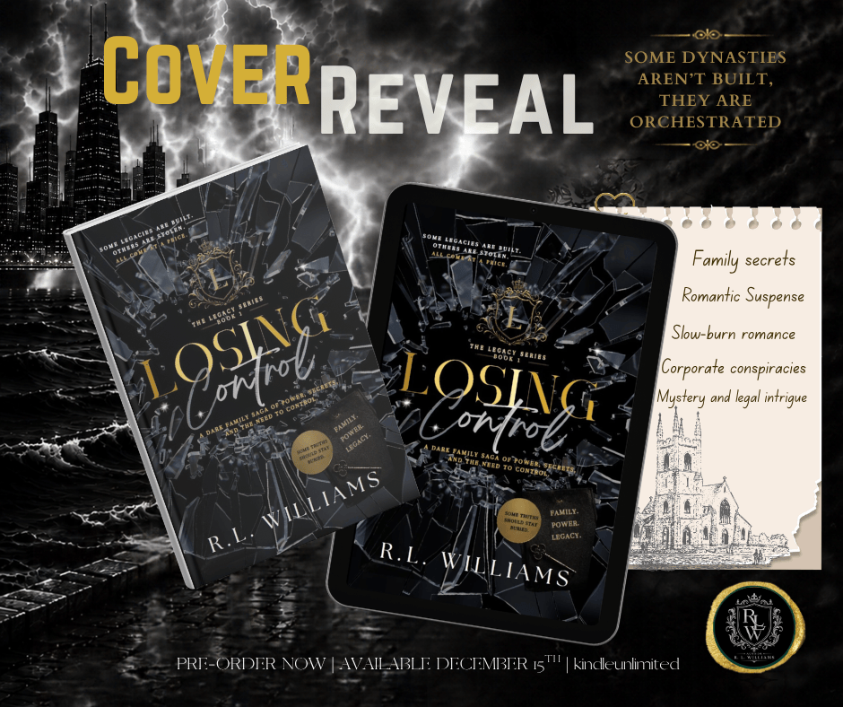 A promotional image featuring the book cover of 'Losing Control' by R.L. Williams, showcasing a book and an e-reader with a shattered glass design, set against a dark, stormy background with city skyscrapers.