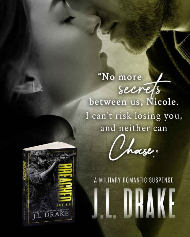 A close-up of a romantic moment between a man and woman about to kiss, with a book titled 'Breach' by J.L. Drake displayed prominently. The book cover features a soldier, emphasizing the military romantic suspense theme.